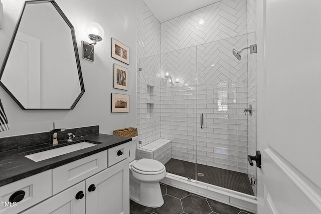 1208 Hunting Ridge Rd, Raleigh, NC 27615 - bathroom featuring toilet, vanity, tile patterned flooring, and a stall shower