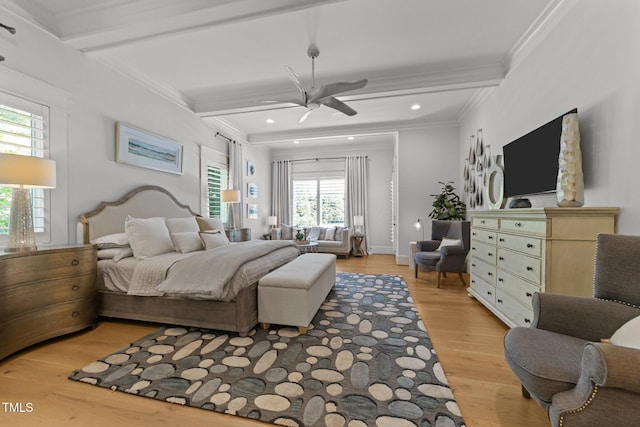 1208 Hunting Ridge Rd, Raleigh, NC 27615 - bedroom featuring ornamental molding, light wood finished floors, beamed ceiling, recessed lighting, and ceiling fan