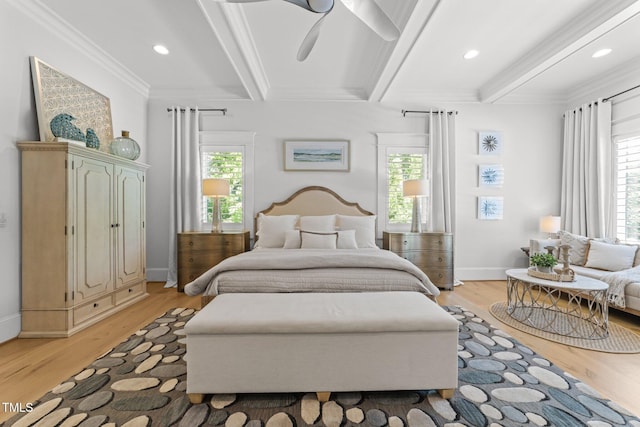 1208 Hunting Ridge Rd, Raleigh, NC 27615 - bedroom featuring multiple windows, light wood-type flooring, beam ceiling, recessed lighting, and a ceiling fan