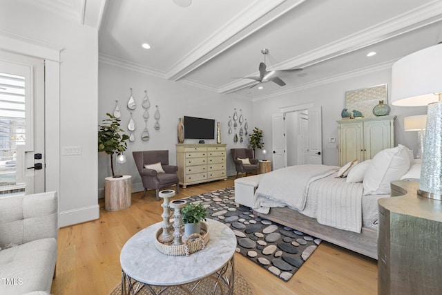 1208 Hunting Ridge Rd, Raleigh, NC 27615 - bedroom featuring light wood-style floors, crown molding, ceiling fan, recessed lighting, and baseboards