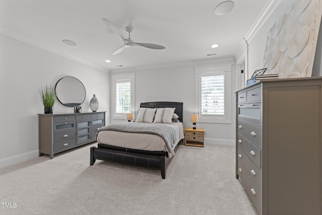 1208 Hunting Ridge Rd, Raleigh, NC 27615 - bedroom with baseboards, light colored carpet, crown molding, a ceiling fan, and recessed lighting