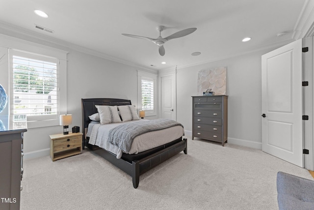 1208 Hunting Ridge Rd, Raleigh, NC 27615 - bedroom with light carpet, baseboards, ornamental molding, a ceiling fan, and recessed lighting