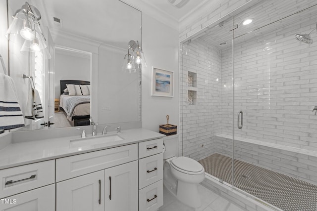 1208 Hunting Ridge Rd, Raleigh, NC 27615 - bathroom with ensuite bathroom, vanity, crown molding, a shower stall, and toilet