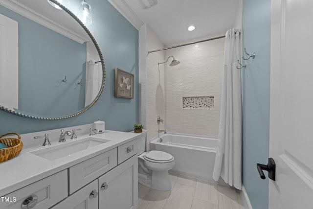 1208 Hunting Ridge Rd, Raleigh, NC 27615 - full bath with vanity, toilet, shower / bath combination with curtain, crown molding, and recessed lighting