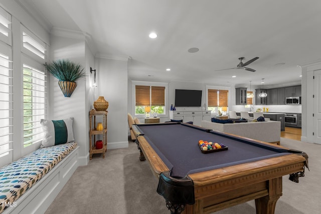 1208 Hunting Ridge Rd, Raleigh, NC 27615 - playroom with light carpet, crown molding, pool table, ceiling fan, and recessed lighting