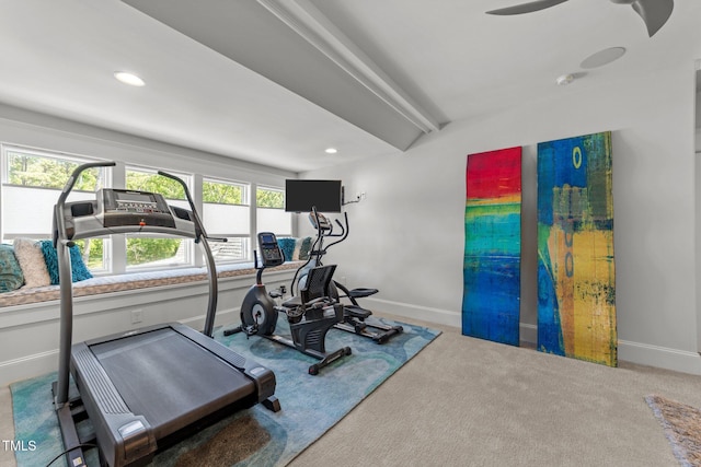 1208 Hunting Ridge Rd, Raleigh, NC 27615 - exercise room featuring baseboards, carpet floors, recessed lighting, and a ceiling fan