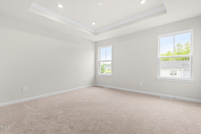605 Silverado Sunset Loop, Wendell, NC 27591 - spare room featuring ornamental molding, a tray ceiling, baseboards, light colored carpet, and recessed lighting