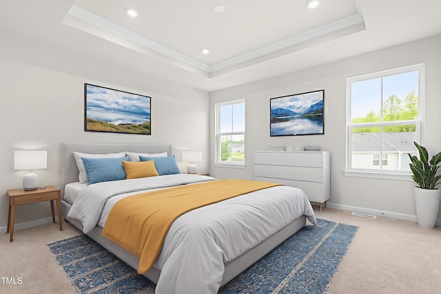 605 Silverado Sunset Loop, Wendell, NC 27591 - bedroom with ornamental molding, light carpet, a tray ceiling, baseboards, and recessed lighting