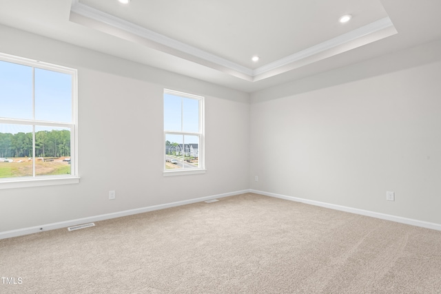 609 Silverado Sunset Loop, Wendell, NC 27591 - unfurnished room featuring a raised ceiling, crown molding, light carpet, baseboards, and recessed lighting