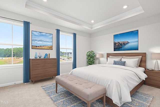 609 Silverado Sunset Loop, Wendell, NC 27591 - bedroom with ornamental molding, a tray ceiling, multiple windows, baseboards, and recessed lighting