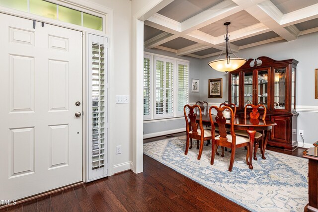 2739 Elderberry Ln, Apex, NC 27539 - dining room featuring dark wood-style flooring, beam ceiling, baseboards, and coffered ceiling