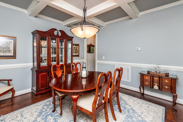 2739 Elderberry Ln, Apex, NC 27539 - dining space featuring coffered ceiling, beamed ceiling, hardwood / wood-style floors, crown molding, and baseboards