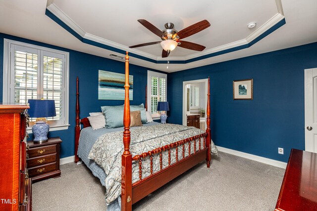 2739 Elderberry Ln, Apex, NC 27539 - carpeted bedroom with a raised ceiling, baseboards, ornamental molding, and ceiling fan