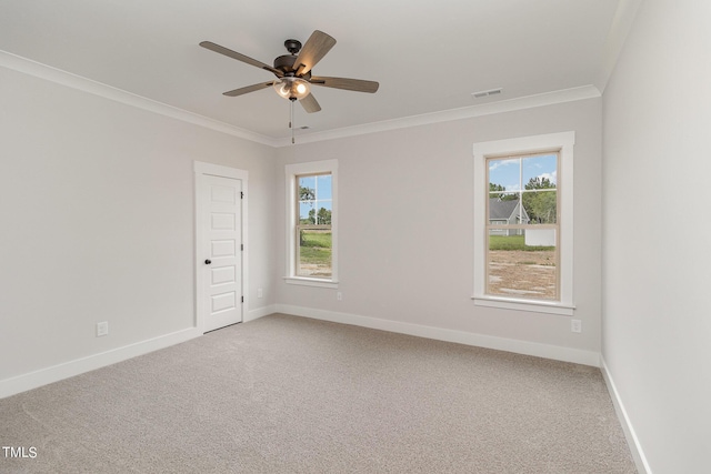 carpeted spare room featuring crown molding, baseboards, and a healthy amount of sunlight