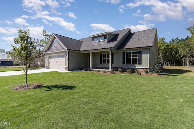 craftsman inspired home with a front yard, covered porch, a garage, driveway, and roof with shingles