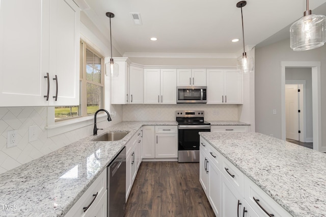 kitchen featuring white cabinets, a sink, dark wood-style flooring, stainless steel appliances, and light stone counters