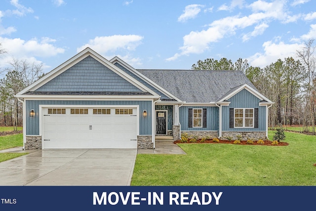 613 Tuscany Cir, Princeton, NC 27569 - view of front of house with stone siding, driveway, a front yard, an attached garage, and board and batten siding
