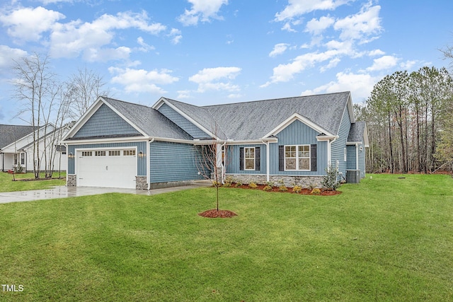 613 Tuscany Cir, Princeton, NC 27569 - view of front facade with concrete driveway, stone siding, a garage, and a front yard