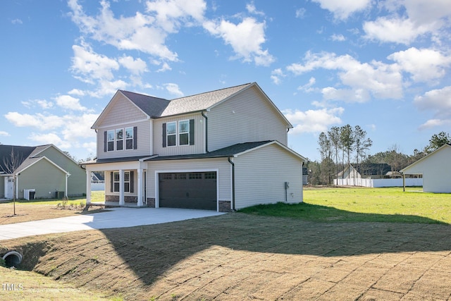 300 Tuscany Cir, Princeton, NC 27569 - view of front facade featuring central AC, stone siding, a front lawn, an attached garage, and driveway