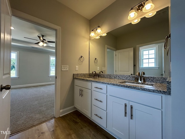 3912 Origin Dr, Bailey, NC 27807 - bathroom featuring double vanity, baseboards, ceiling fan, and wood finished floors