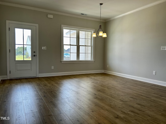 3912 Origin Dr, Bailey, NC 27807 - unfurnished dining area featuring a chandelier, dark wood finished floors, baseboards, and crown molding