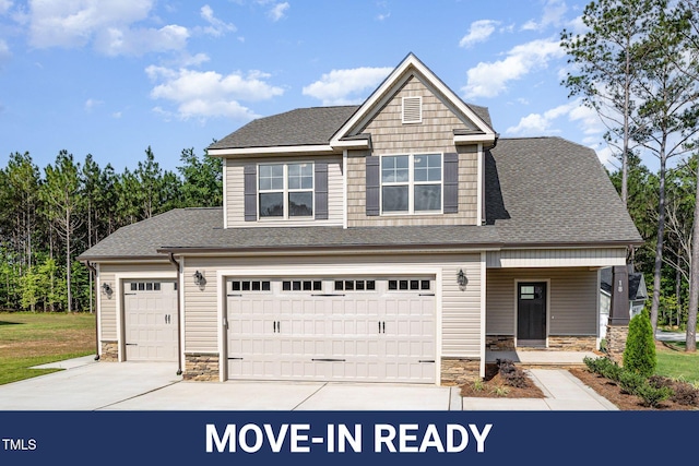 18 Bonnybrook Ct, Selma, NC 27576 - craftsman-style home with stone siding, concrete driveway, roof with shingles, and covered porch