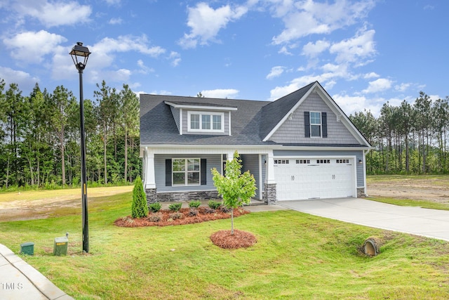 98 Laramie Ln, Selma, NC 27576 - craftsman inspired home with stone siding, concrete driveway, a front yard, an attached garage, and a shingled roof