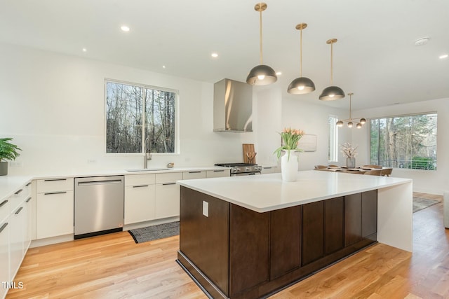 kitchen featuring a sink, light wood finished floors, appliances with stainless steel finishes, wall chimney range hood, and white cabinets