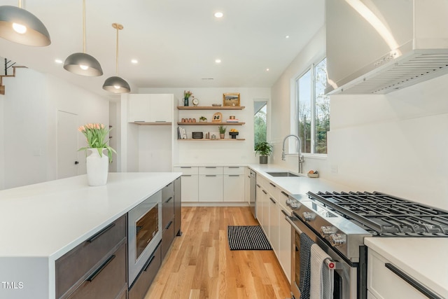 kitchen featuring wall chimney range hood, white cabinets, a sink, and stainless steel appliances