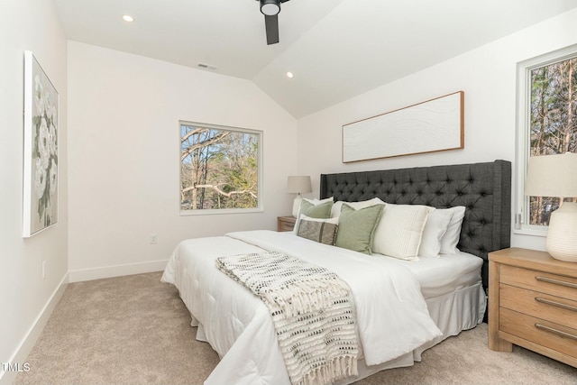 bedroom with vaulted ceiling, recessed lighting, baseboards, visible vents, and light carpet