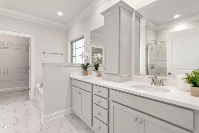 1053 Beechcraft Dr Unit 124, Mebane, NC 27302 - full bathroom featuring a marble finish shower, marble finish floor, a sink, and crown molding