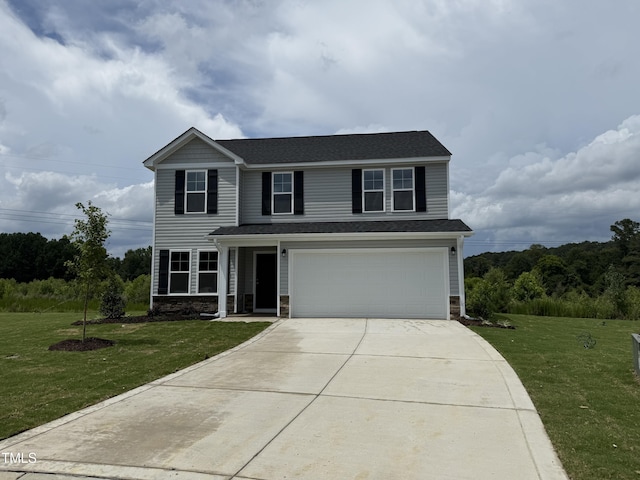 43 Chloe Ct, Selma, NC 27576 - traditional-style home with stone siding, driveway, a front lawn, and an attached garage