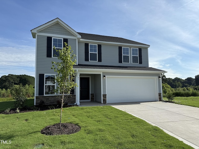 43 Chloe Ct, Selma, NC 27576 - view of front of property featuring concrete driveway, stone siding, an attached garage, a front lawn, and a shingled roof