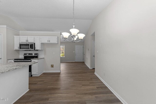 5408 Rivercrest Dr, Youngsville, NC 27596 - kitchen featuring vaulted ceiling, dark wood-style flooring, stainless steel appliances, white cabinets, and a notable chandelier