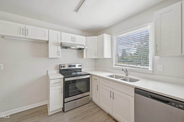 kitchen with visible vents, a sink, under cabinet range hood, white cabinetry, and stainless steel appliances