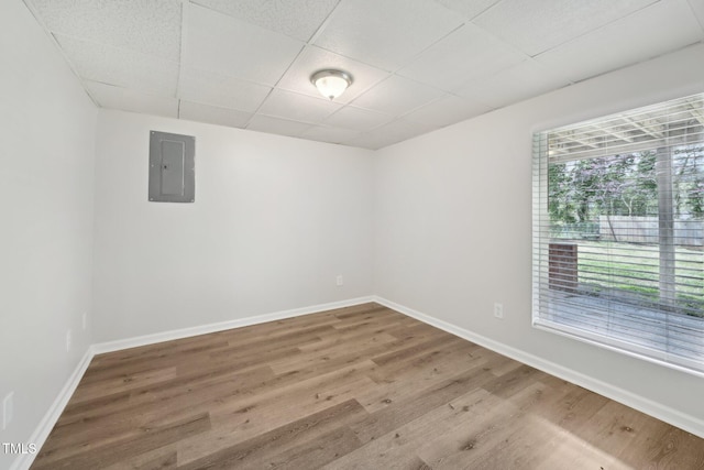 spare room featuring a paneled ceiling, wood finished floors, baseboards, and electric panel