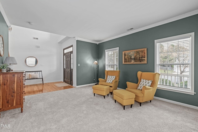 living area featuring carpet, a wealth of natural light, baseboards, and ornamental molding