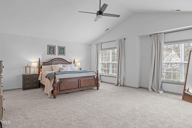 bedroom with vaulted ceiling, ceiling fan, light carpet, baseboards, and visible vents