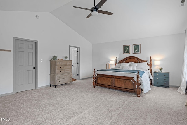 carpeted bedroom with high vaulted ceiling, baseboards, a ceiling fan, and visible vents