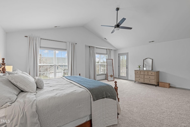 carpeted bedroom with vaulted ceiling, visible vents, a ceiling fan, and access to outside