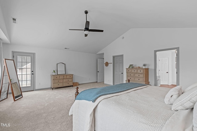bedroom with high vaulted ceiling, a ceiling fan, carpet floors, access to exterior, and visible vents