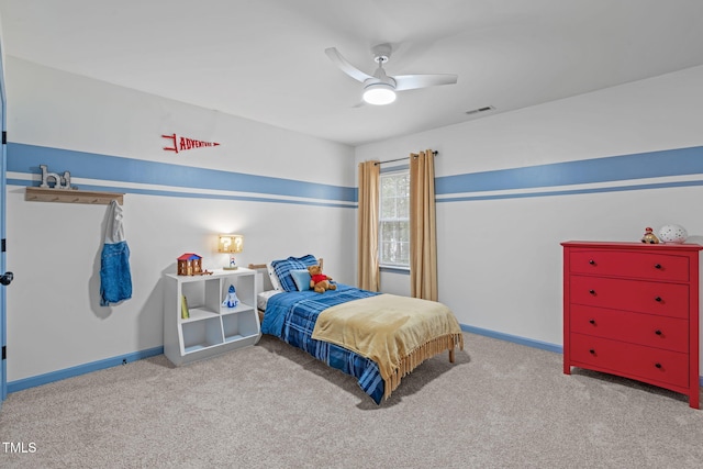 bedroom featuring visible vents, carpet flooring, and baseboards