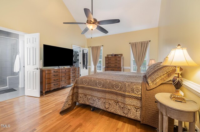 608 Adler Ln, Goldsboro, NC 27530 - bedroom featuring high vaulted ceiling, light wood-style floors, and a ceiling fan