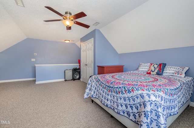 608 Adler Ln, Goldsboro, NC 27530 - carpeted bedroom featuring visible vents, lofted ceiling, ceiling fan, and a textured ceiling