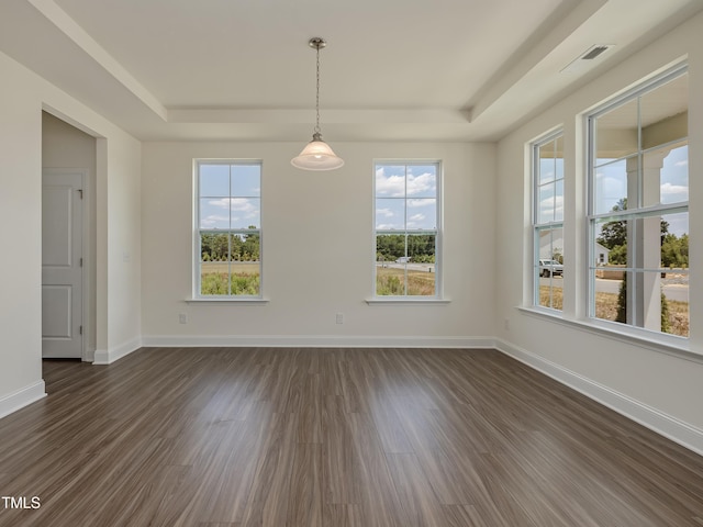 unfurnished dining area featuring dark wood-style flooring, a tray ceiling, and a healthy amount of sunlight