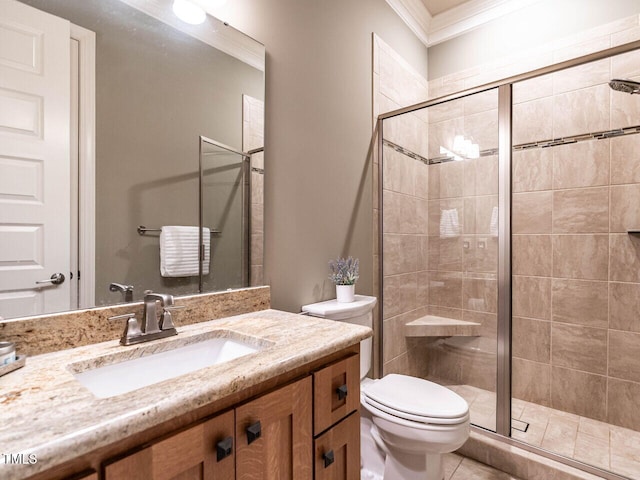 107 Bella Casa Way, Clayton, NC 27527 - full bath with crown molding, toilet, vanity, a stall shower, and tile patterned flooring