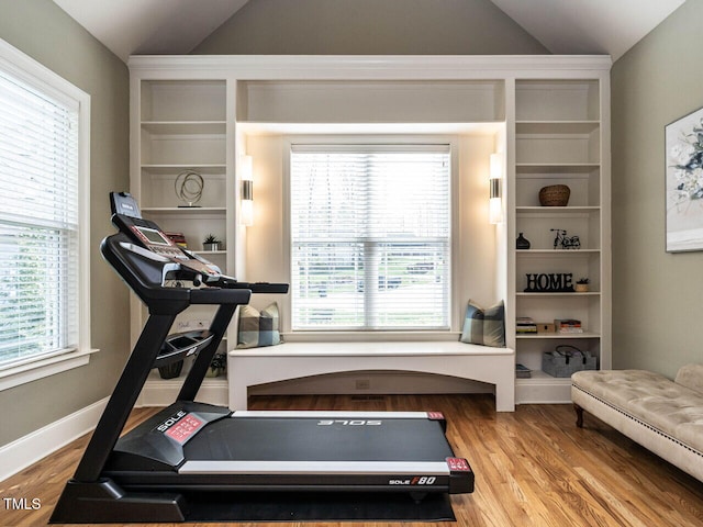 107 Bella Casa Way, Clayton, NC 27527 - workout room featuring lofted ceiling, wood finished floors, and plenty of natural light