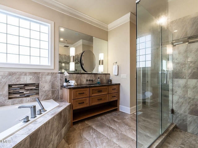 107 Bella Casa Way, Clayton, NC 27527 - bathroom featuring a stall shower, crown molding, vanity, and a garden tub