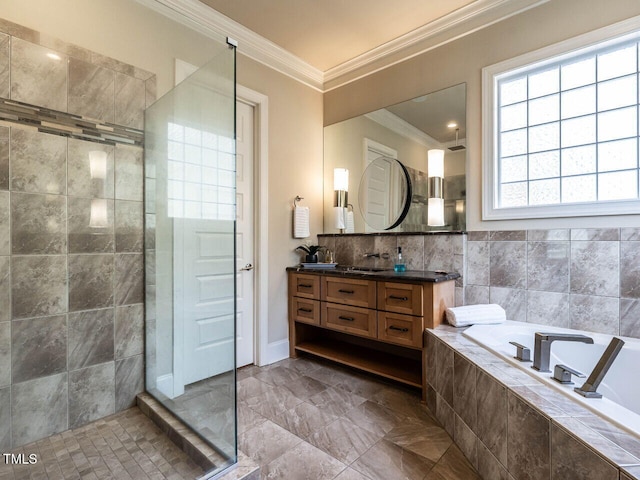 107 Bella Casa Way, Clayton, NC 27527 - bathroom featuring a tile shower, crown molding, vanity, and a garden tub