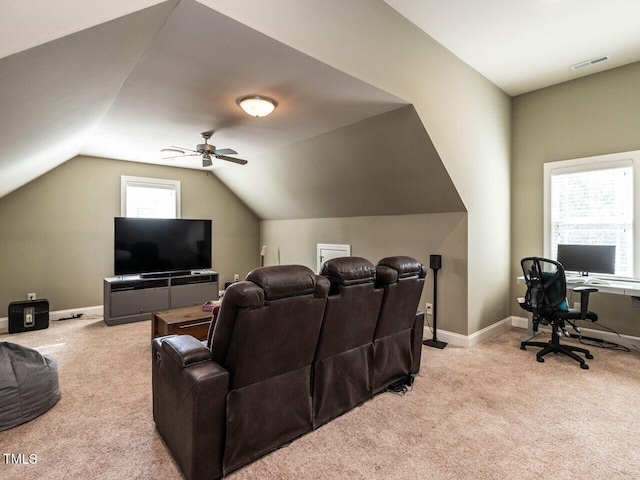 107 Bella Casa Way, Clayton, NC 27527 - cinema room with baseboards, carpet floors, ceiling fan, and vaulted ceiling